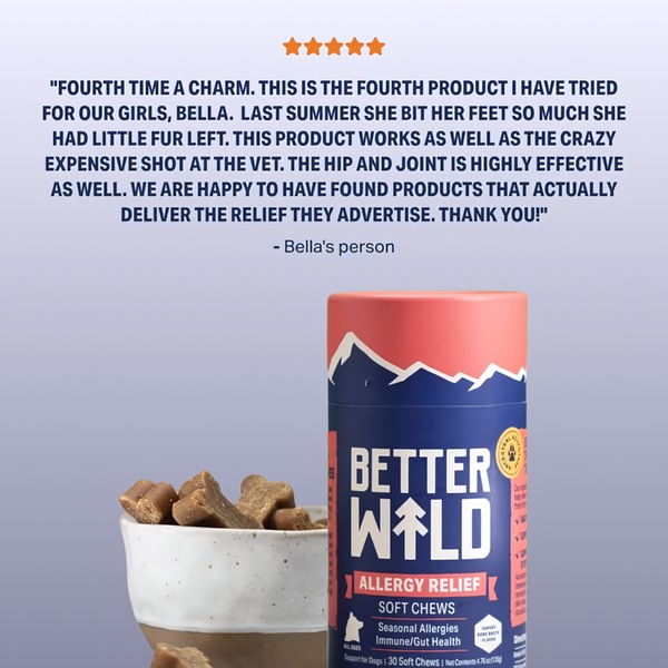 A square-format static ad featuring a 5-star customer review alongside the product, emphasizing effective, real-world results for pet skin health.
